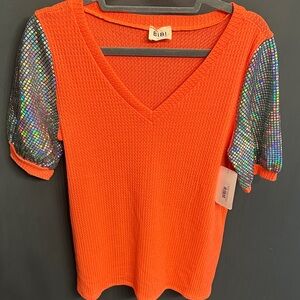 BiBi Vibrant Orange Top with Sequin Sleeves